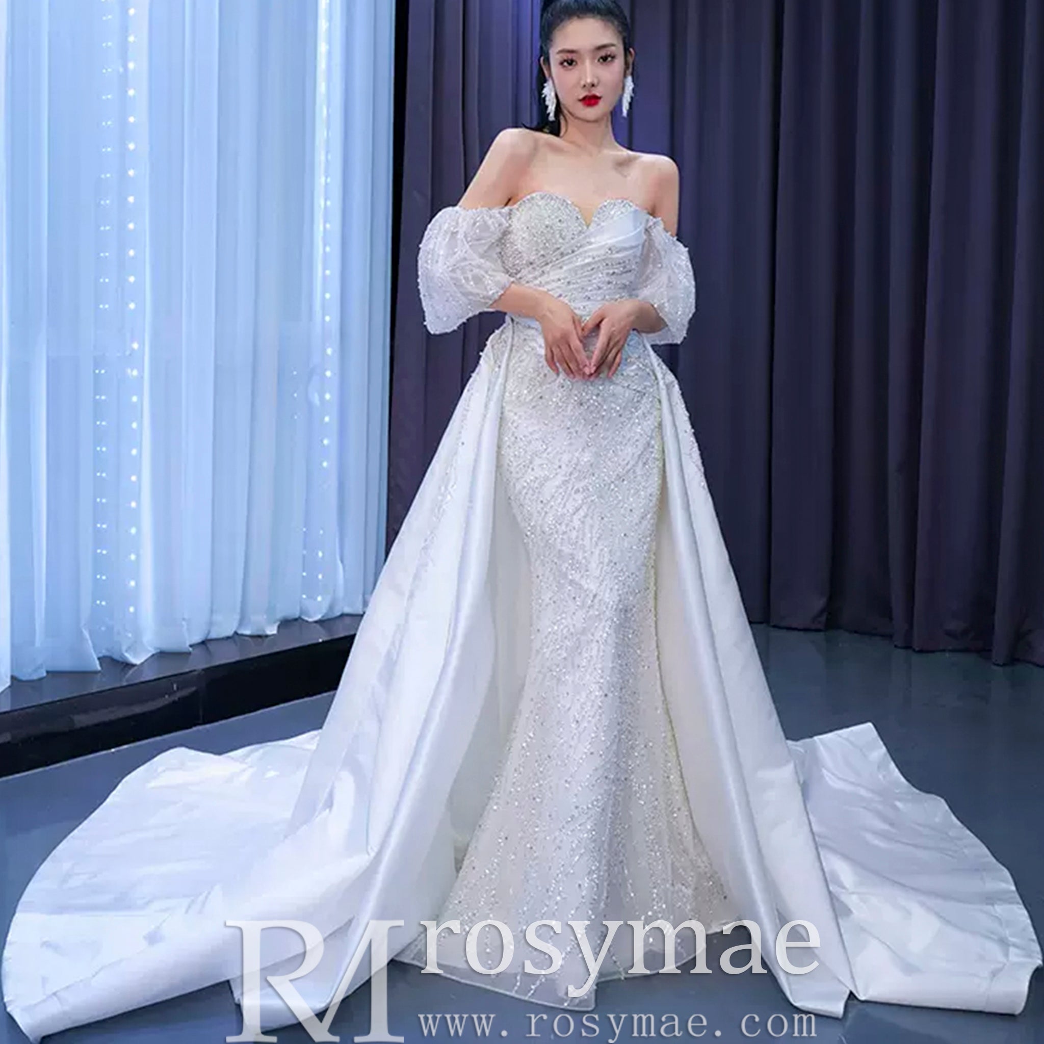 Beaded Modern Off the Shoulder Wedding Dress with Detachable Skirt White / 16 Beaded Modern Off the Shoulder Wedding Dress with Detachable Skirt White / 16