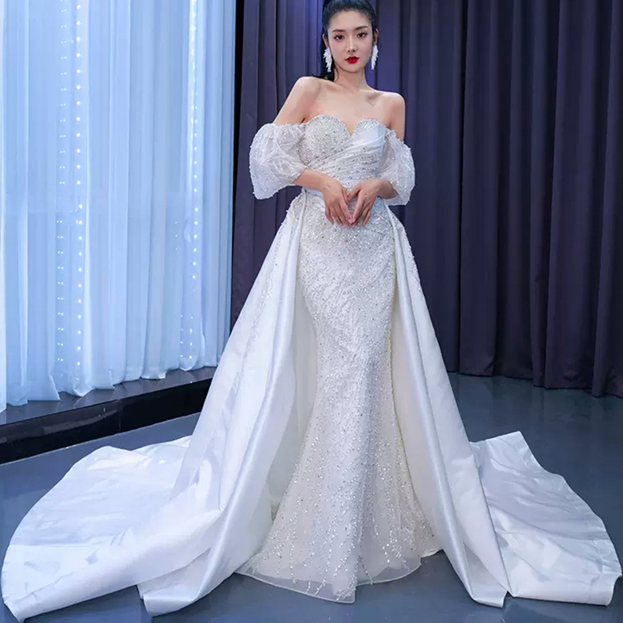wedding dress with detachable skirt Beaded Modern Off the Shoulder Wedding Dress with Detachable Skirt White / 16