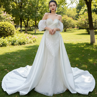 Beaded Modern Off the Shoulder Wedding Dress with Detachable Skirt