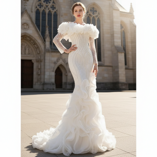 Mermaid Ruffle Wedding Dress with Off the Shoulder Long Sleeves