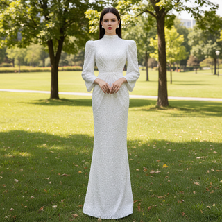 Beaded High Neck Sheath Wedding Dress with Long Sleeves