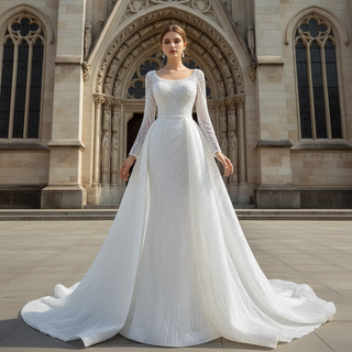 Beaded Fit and Flare Wedding Dress with Detachable Overskirt