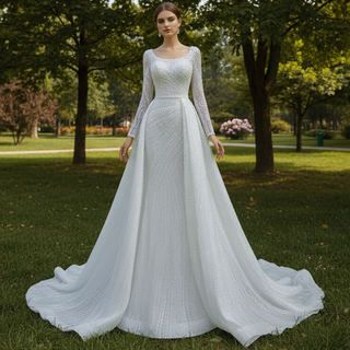 Beaded Fit and Flare Wedding Dress with Detachable Overskirt