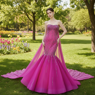 High-end Fuchsia Handmade Beading Prom Dress Evening Gown