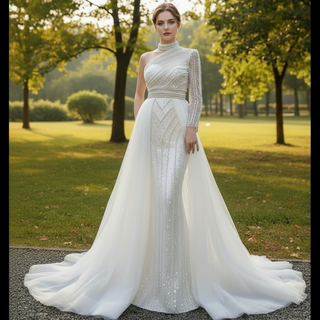 Mock Neck Pearl Beaded Overskirt Wedding Dress with One Shoulder Sleeve
