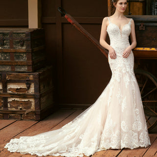 Mermaid Spaghetti Plunging Neckline Lace Wedding Dress with Appliques