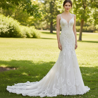 Mermaid Spaghetti Plunging Neckline Lace Wedding Dress with Appliques