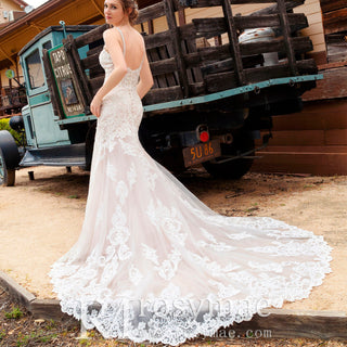 Mermaid Spaghetti Plunging Neckline Lace Wedding Dress with Appliques
