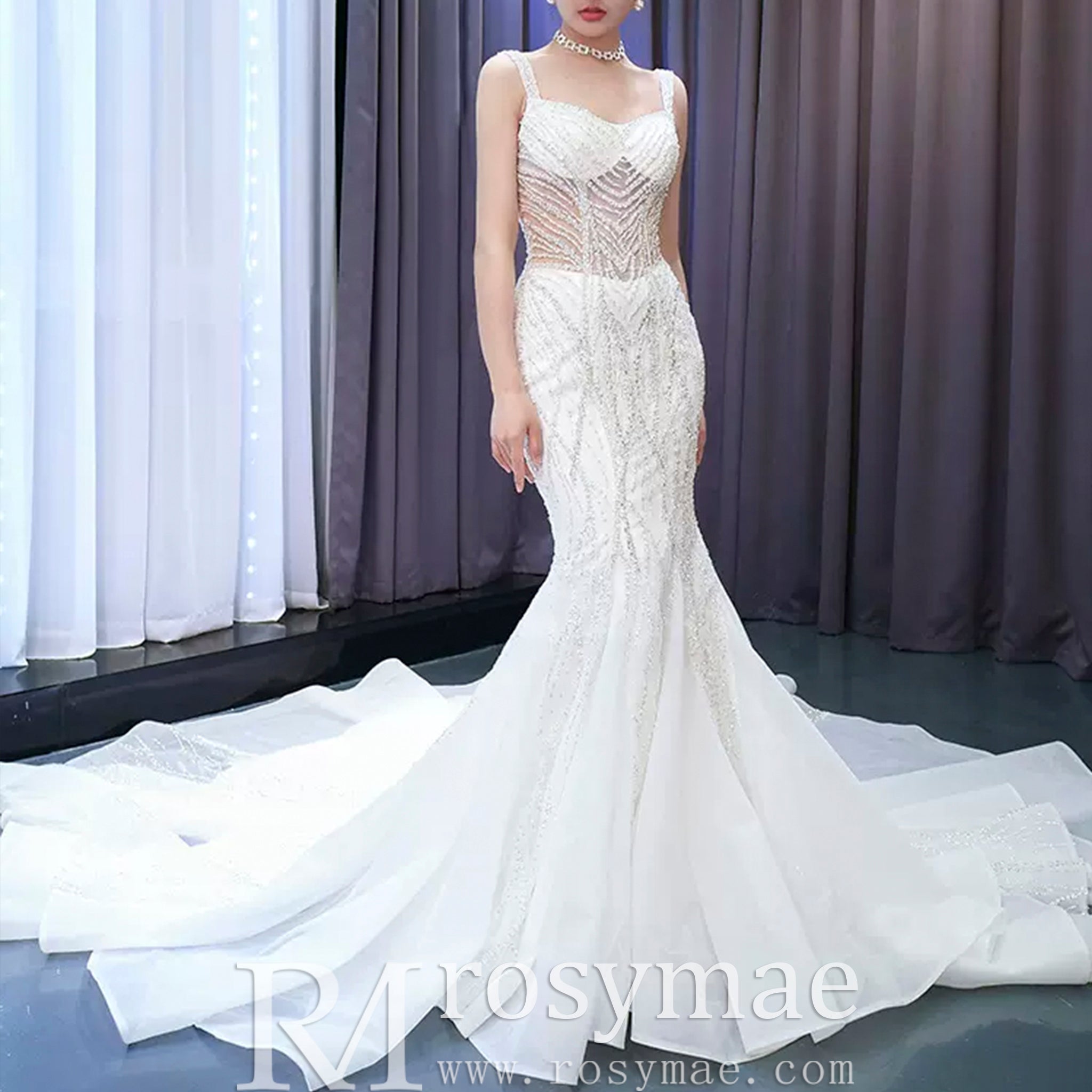 Luxury Beaded Mermaid Sheer Bodice Wedding Dress White / 4 Luxury Beaded Mermaid Sheer Bodice Wedding Dress White / 4