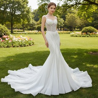 Luxury Beaded Mermaid Sheer Bodice Wedding Dress