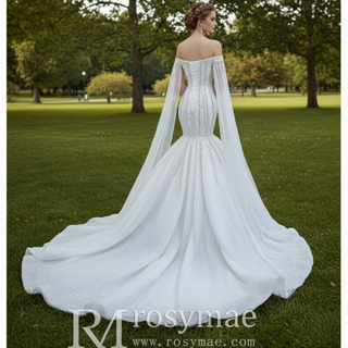 Mermaid's Pearl Elegance Cape Wedding Gown with Sequin Embroidery
