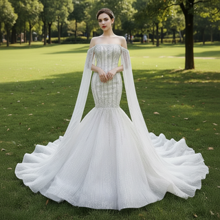 Mermaid's Pearl Elegance Cape Wedding Gown with Sequin Embroidery