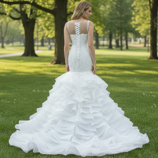 Modest Beaded Lace Ruffled Mermaid Wedding Dress with High Back
