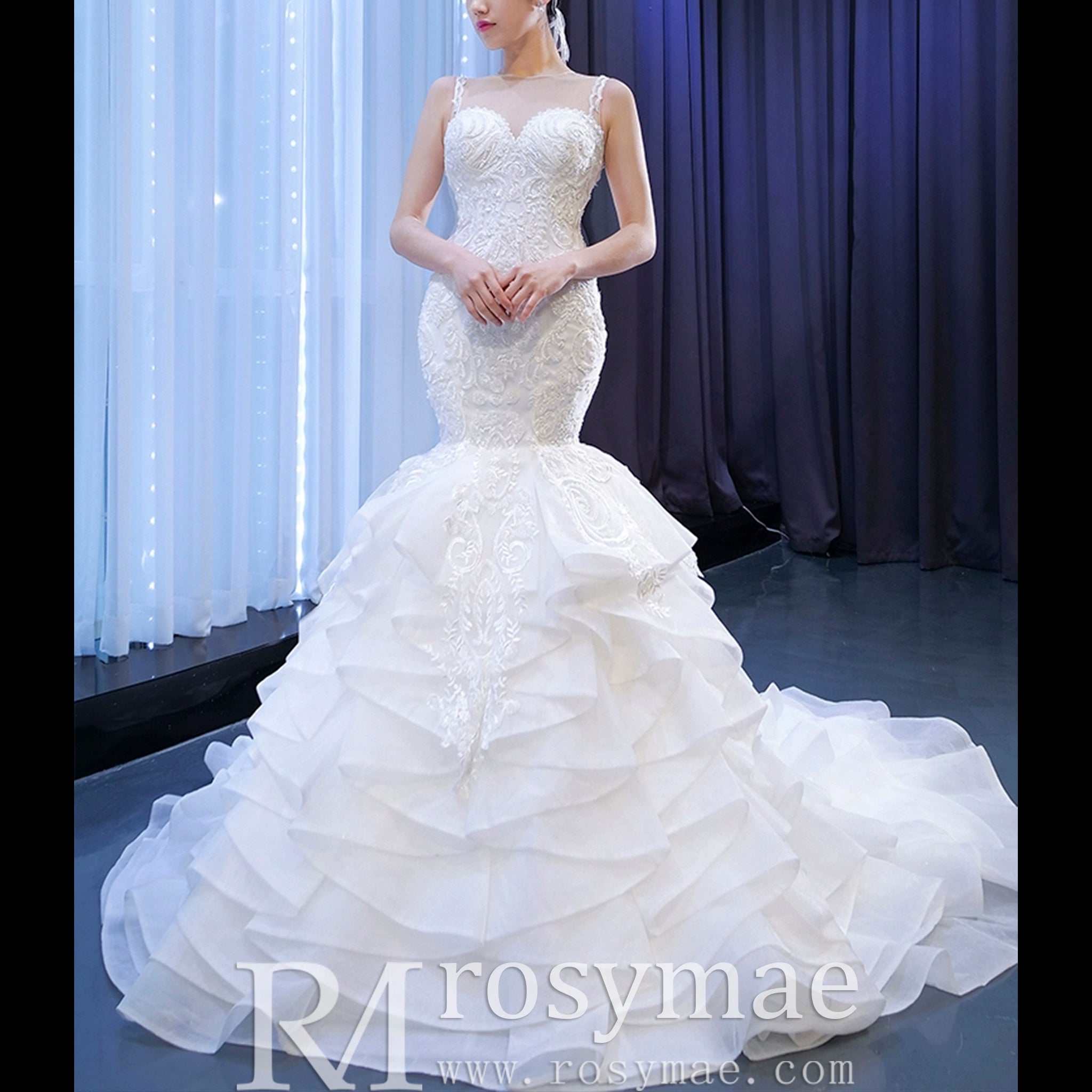 Modest Beaded Lace Ruffled Mermaid Wedding Dress with High Back Ivory / 8 Modest Beaded Lace Ruffled Mermaid Wedding Dress with High Back Ivory / 8