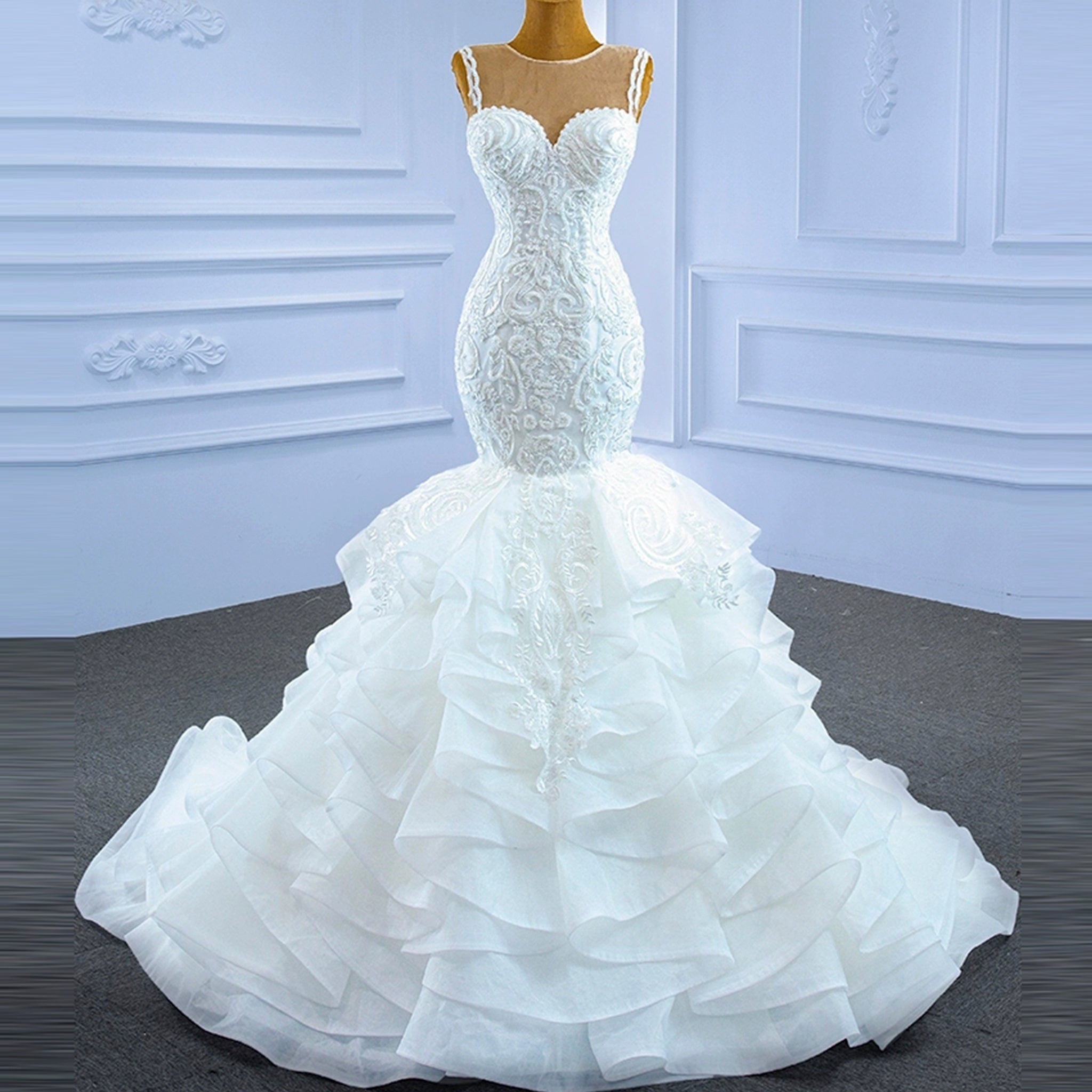 Modest Beaded Lace Ruffled Mermaid Wedding Dress with High Back Ivory / 8 Modest Beaded Lace Ruffled Mermaid Wedding Dress with High Back Ivory / 8