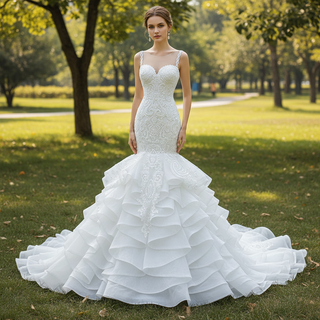 Modest Beaded Lace Ruffled Mermaid Wedding Dress with High Back
