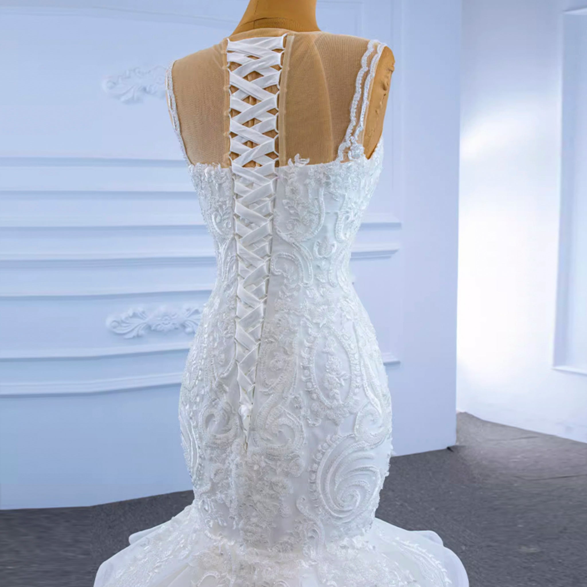 Modest Beaded Lace Ruffled Mermaid Wedding Dress with High Back Rosymae Modest Beaded Lace Ruffled Mermaid Wedding Dress with High Back Rosymae
