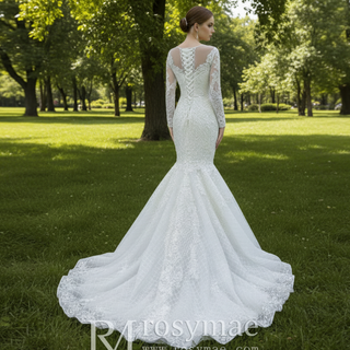 Long Sleeve Lace Mermaid Wedding Dress with Detachable Skirt