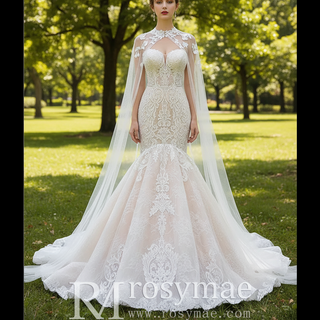 Vintage Mermaid Lace Wedding Dress with High Neck Cape