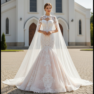 Vintage Mermaid Lace Wedding Dress with High Neck Cape
