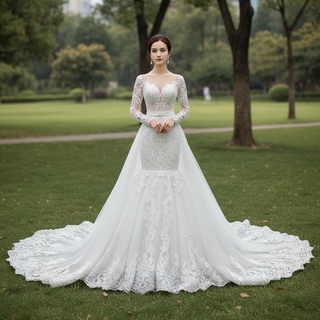 Long Sleeve Keyhole Trumpet Lace Wedding Dress with Detachable Skirt