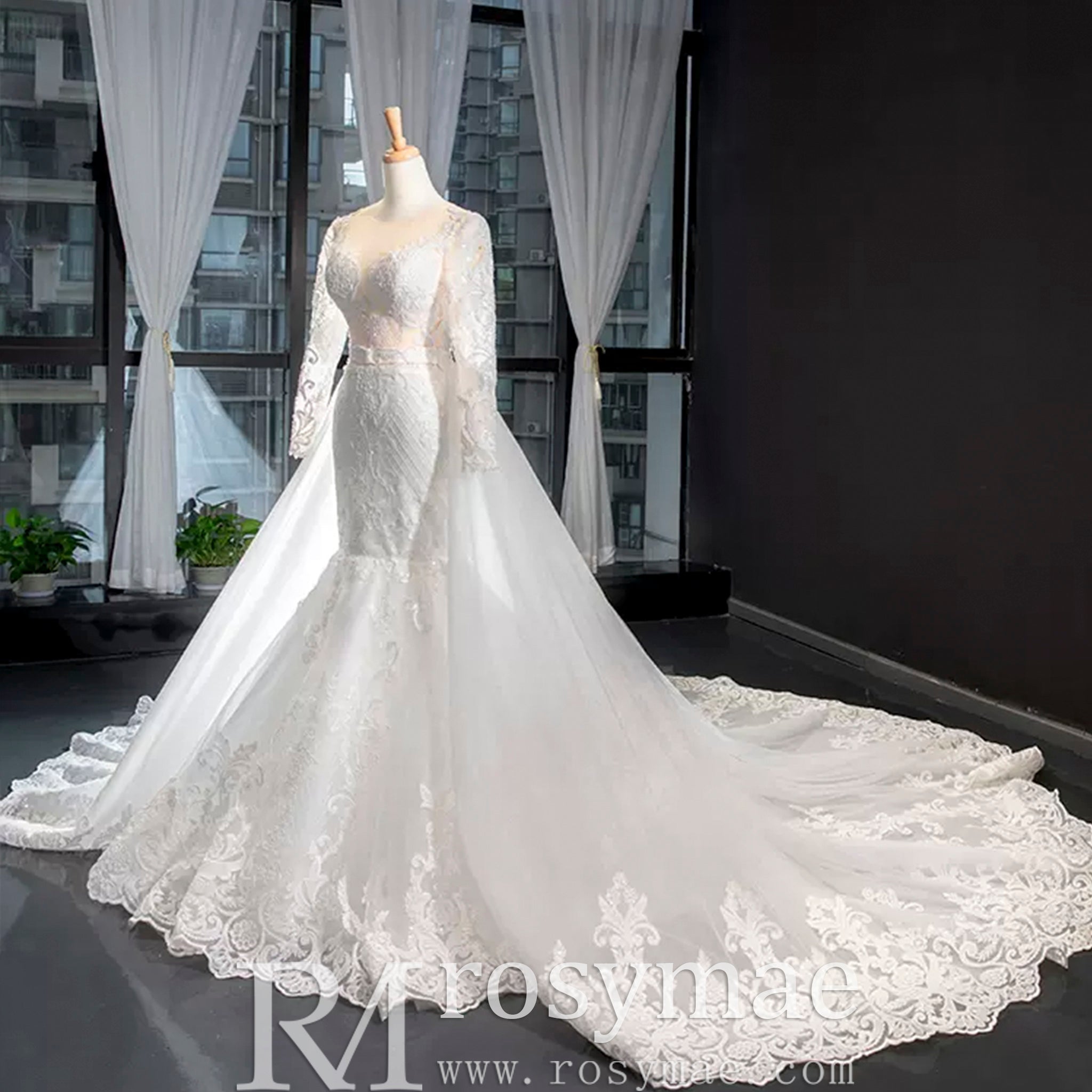 Long Sleeve Keyhole Trumpet Lace Wedding Dress with Detachable Skirt White / 26W Long Sleeve Keyhole Trumpet Lace Wedding Dress with Detachable Skirt White / 26W