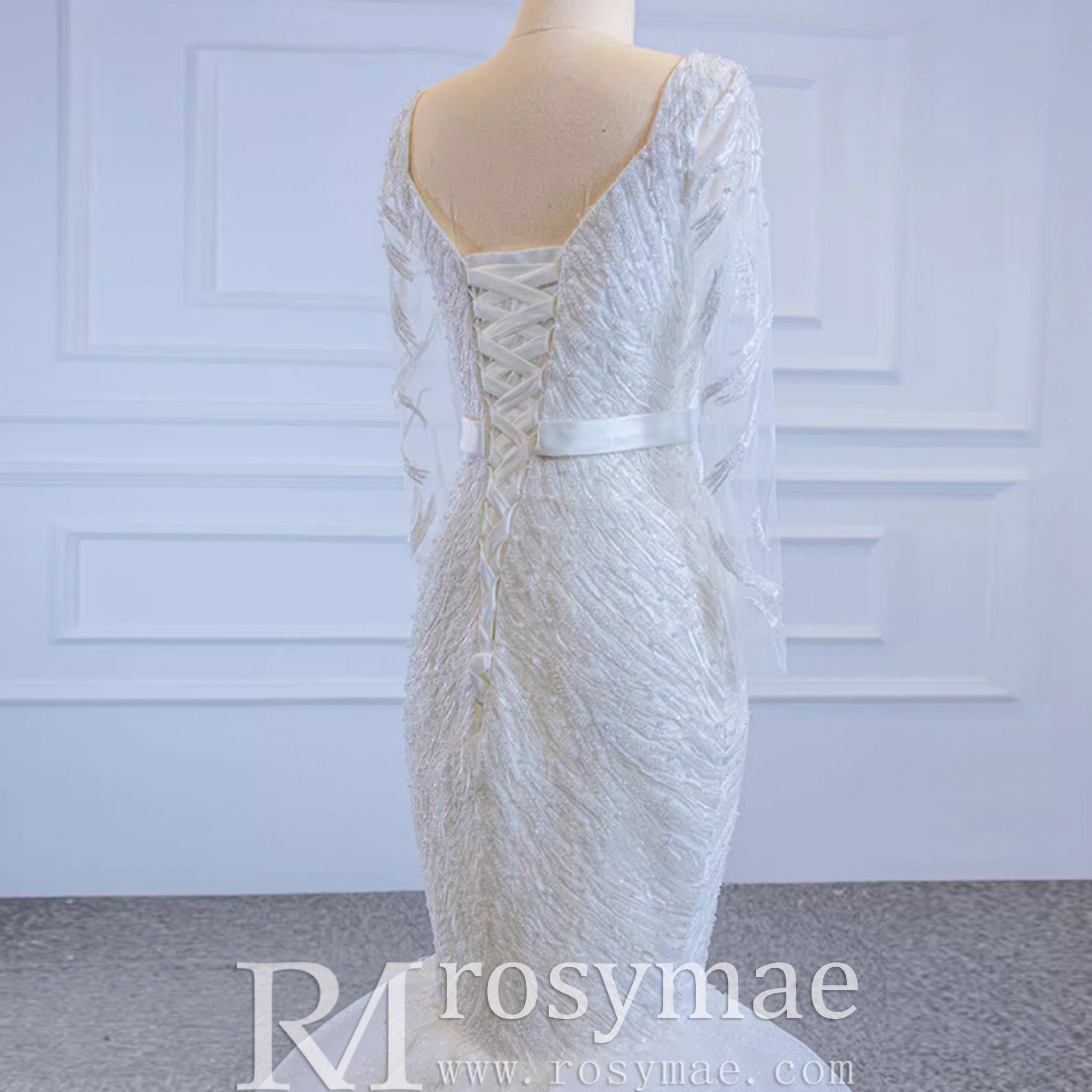 Sparkly Long Sleeve Lace Mermaid Wedding Dress with Low Back Ivory / 18 Sparkly Long Sleeve Lace Mermaid Wedding Dress with Low Back Ivory / 18