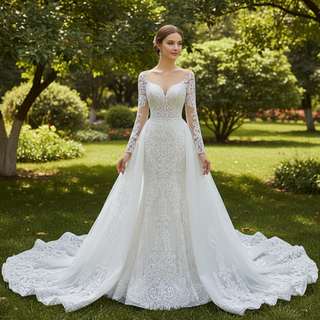 Detachable Skirt Vintage Beaded Lace Wedding Dress with Long Sleeves
