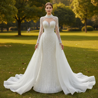 Long Sleeve High O Neck Pearl Wedding Dress with Overskirt