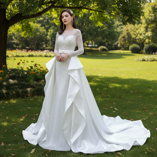 Long Sleeve Beaded Wedding Dress with Detachable Skirt