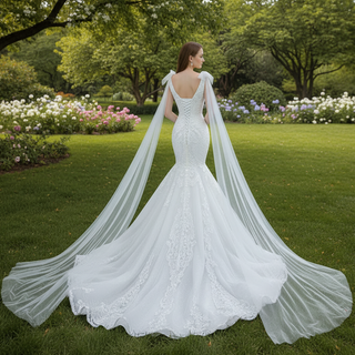 Vneck Floral Lace Mermaid Wedding Dress with Cape Sleeves