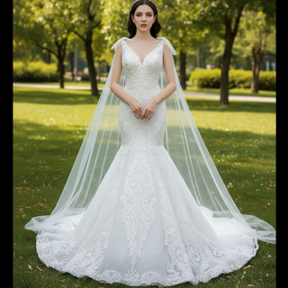 Vneck Floral Lace Mermaid Wedding Dress with Cape Sleeves