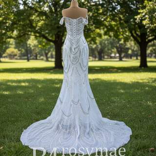 White Mermaid Off the Shoulder Pearls Beading Bride Wedding Dress