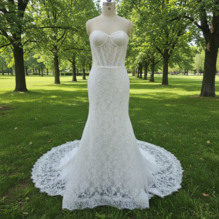 Elegant Strapless Floral Lace Mermaid Wedding Dress with Long Train