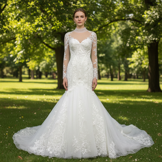 Keyhole Back Trumpet O-neck Wedding Dress With Long Sleeves