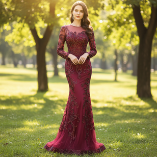 Long Sleeve Mermaid Tulle Sequins Prom Dress With Detachable Train