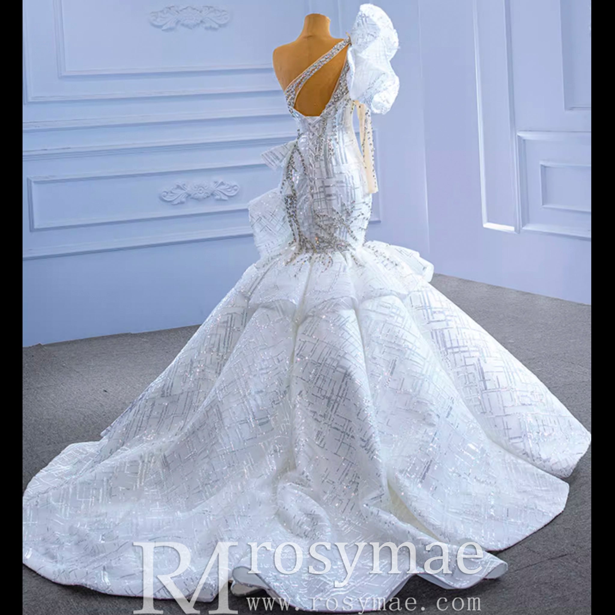 Luxury Beaded Mermaid Wedding Dress with One Shoulder Long Sleeve White / 28W Luxury Beaded Mermaid Wedding Dress with One Shoulder Long Sleeve White / 28W