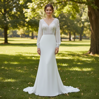 Gorgeous Long Sleeves V-Neck Mermaid Wedding Dress