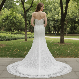 Elegant Strapless Floral Lace Mermaid Wedding Dress with Long Train