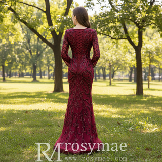 Long Sleeve Mermaid Tulle Sequins Prom Dress With Detachable Train