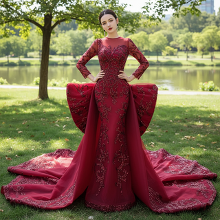 Long Sleeve Mermaid Tulle Sequins Prom Dress With Detachable Train