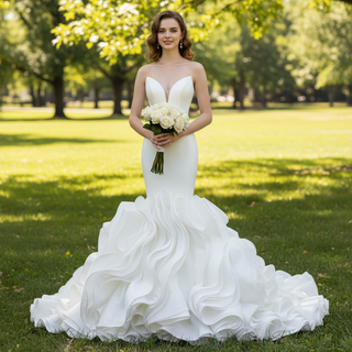 Elegant Strapless Satin Mermaid Wedding Dress with Layered