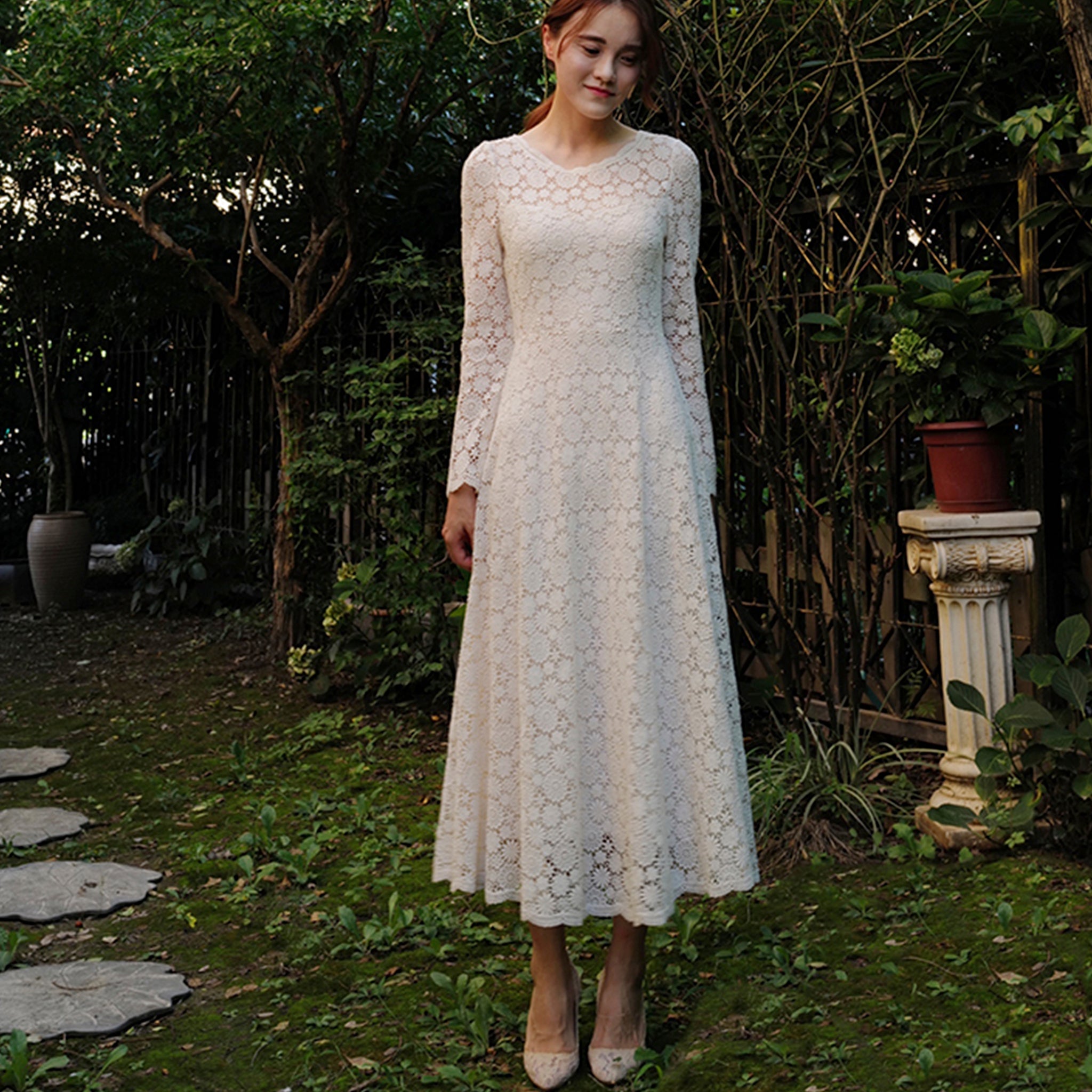 Mid Calf Tea Length Lace Wedding Dress with 3/4 Sleeves Keyhole Back White / 0 Mid Calf Tea Length Lace Wedding Dress with 3/4 Sleeves Keyhole Back White / 0