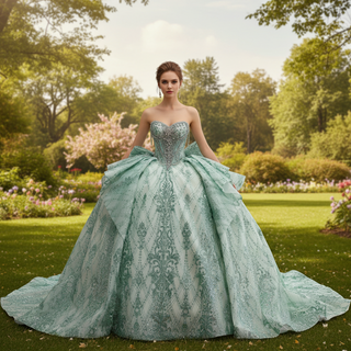 Light Green Crystal Fringe Corset Ball Gown Quinceanera Dress with Dramatic Back Bow