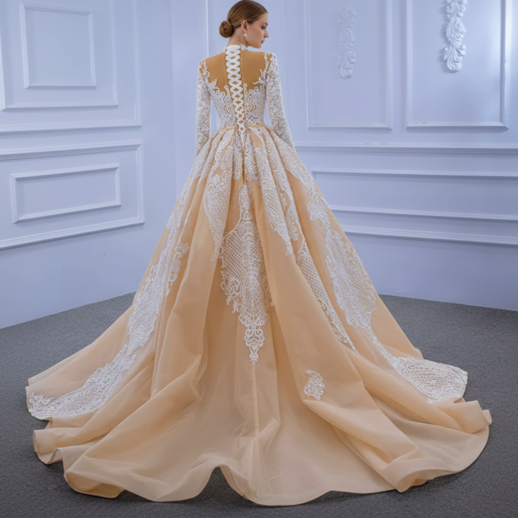 Mermaid Lace O-Neck Long Sleeve Wedding Dress With Detachable Train Champagne / 6 Mermaid Lace O-Neck Long Sleeve Wedding Dress With Detachable Train Champagne / 6