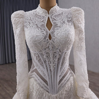 High-Neck Lace Mermaid Wedding Dress with Long Sleeves & Overskirt