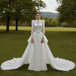 High-Neck Lace Mermaid Wedding Dress with Long Sleeves & Overskirt