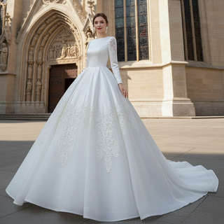 Modest Scoop Neck Satin Wedding Dress with Long Sleeve