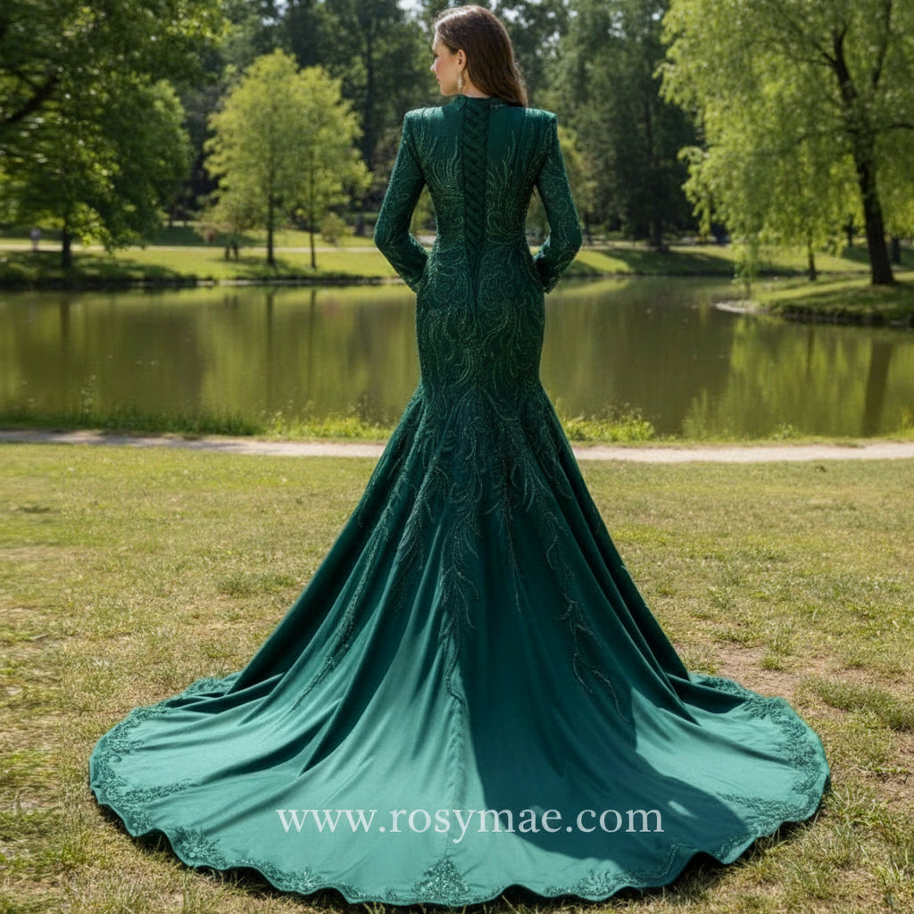 arabian prom dresses Mermaid Satin Long Sleeve Arab Prom Dress Detachable Train Hunter Green / 30W