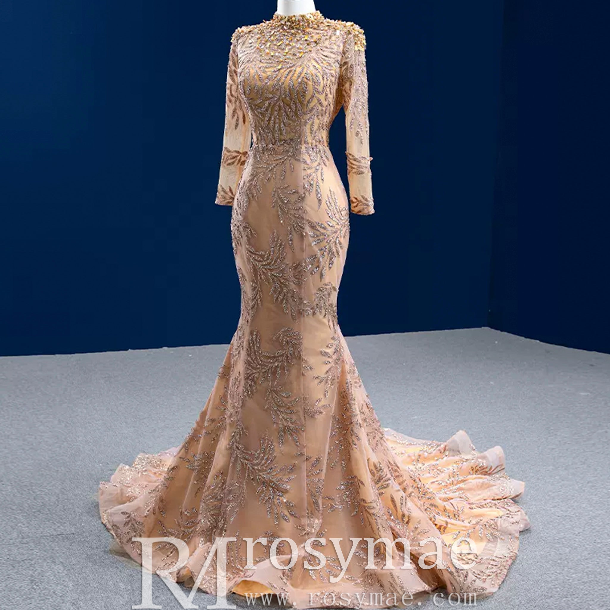 High Neck Three Quarter Sleeve Champagne Gold Prom Dress Evening Gown Champagne Gold / 4 High Neck Three Quarter Sleeve Champagne Gold Prom Dress Evening Gown Champagne Gold / 4